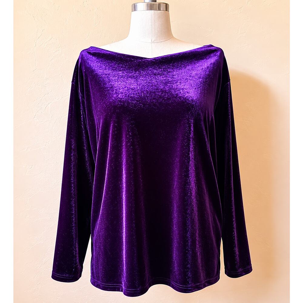 Impressions Purple Velour Top XL Velvet Stretch Long Sleeve Boat Neck